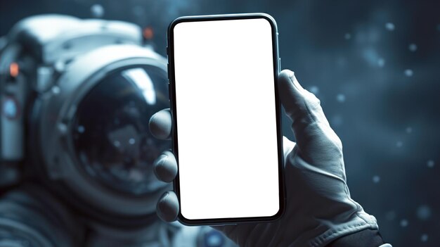 Astronaut met een mobiele telefoon mockup Hoogwaardige foto