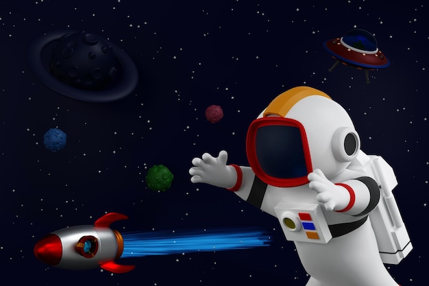 Astronaut met raket en shuttle zwevend in de ruimte met asteroïden maan en UFO 3D-rendering