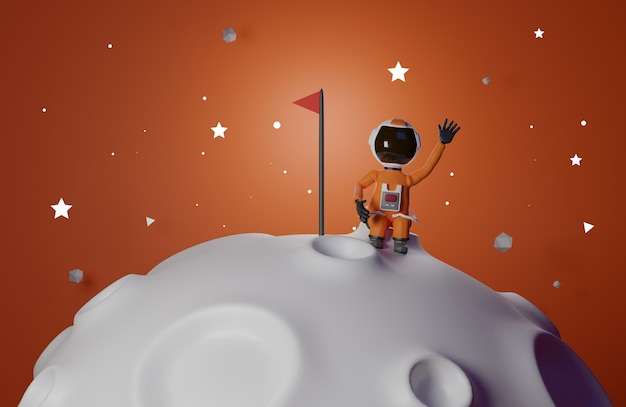 Astronaut met vlag staat op de maan 3D-rendering oranje toon