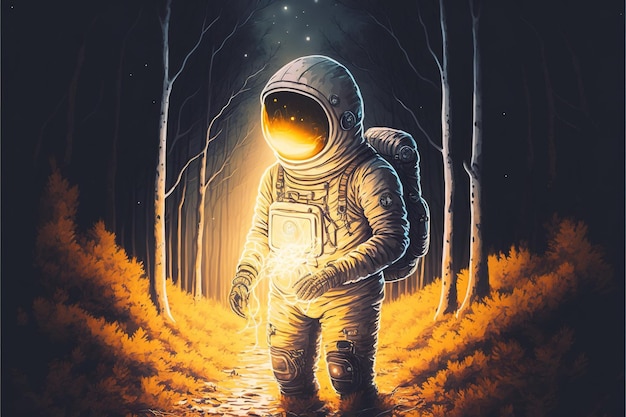 秋の森の真ん中にいる宇宙飛行士と、彼の手で奇妙な光を見ているデジタル アート スタイルのイラスト 森なら宇宙飛行士のファンタジー コンセプトを描く