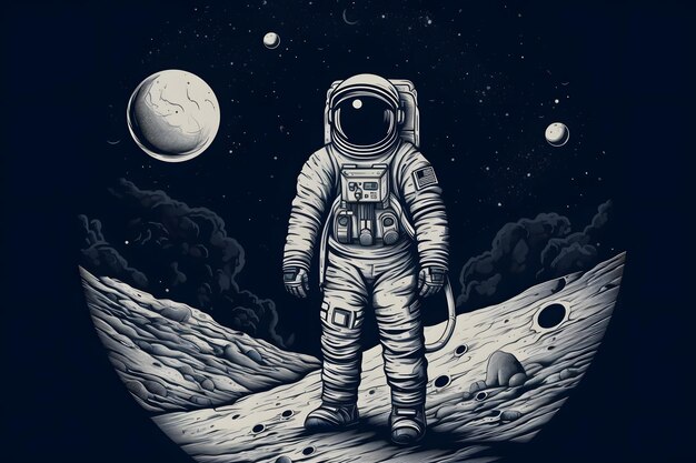 astronaut on the moon black and white art Neural network generated in May 2023 Not based on any actual person scene or pattern