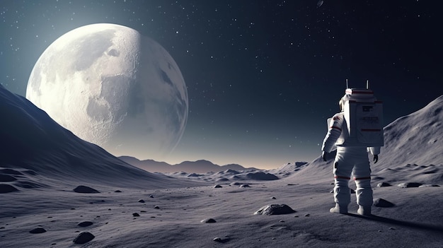 Astronaut on the moon stands on the background of space