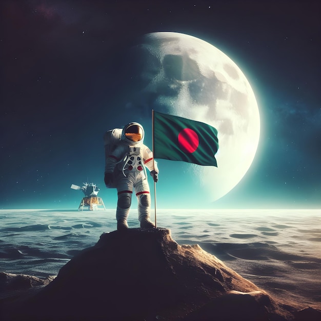 Photo astronaut on the moon with a bangladeshi flag generative ai