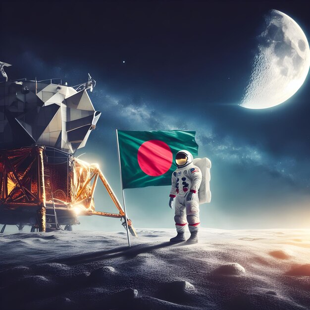 Photo astronaut on the moon with a bangladeshi flag generative ai