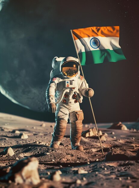 Photo an astronaut on the moon with a flag on it