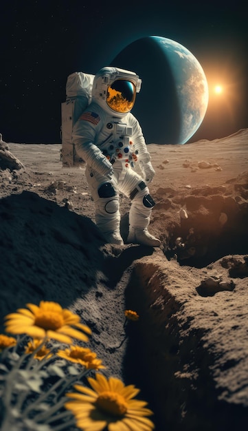 花を背景に月面にいる宇宙飛行士