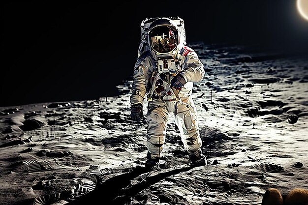 an astronaut on the moon with the moon in the background