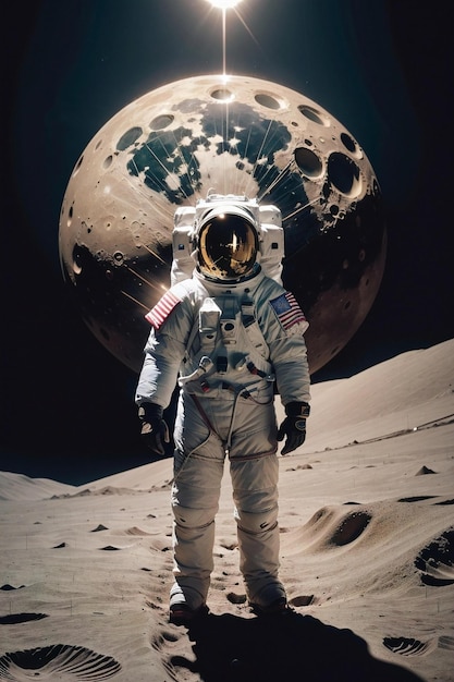 an astronaut on the moon with a red patch on his suit.