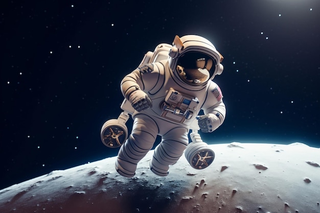 우주복을 입고 달에 있는 우주비행사.