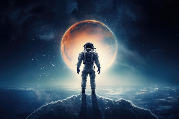 astronaut on the mountain against the moon