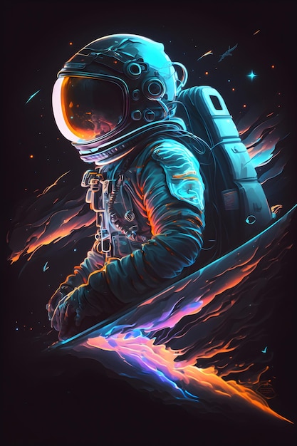 Astronaut on a mountain with fire and stars