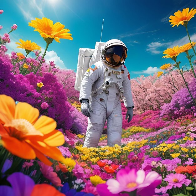 Astronaut in the multiverse garden on spring day generated by ai