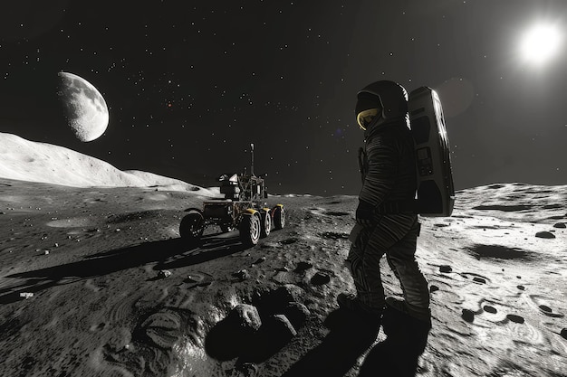 Astronaut near moon rover with Earth on horizon