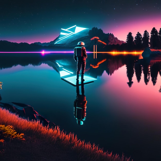 Photo astronaut at night on the lake with neon lights and mountains in the background generative ai