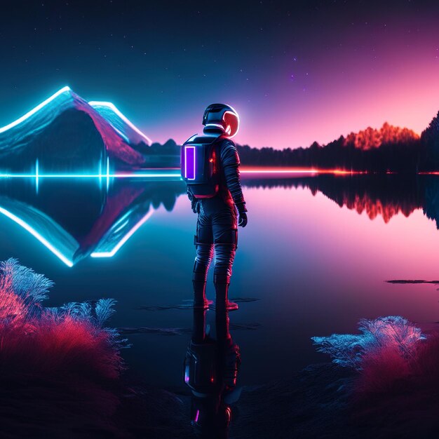 Astronaut at night on the lake with neon lights and mountains in the background generative ai