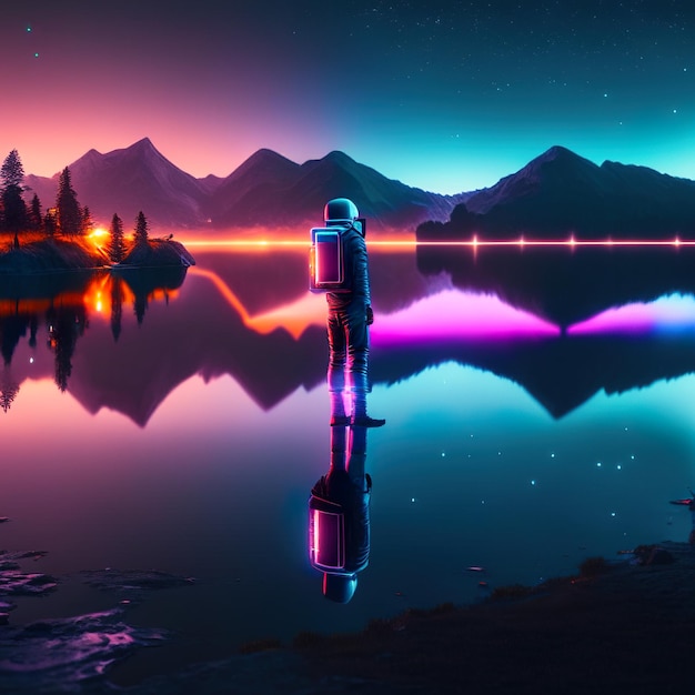 Photo astronaut at night on the lake with neon lights and mountains in the background generative ai