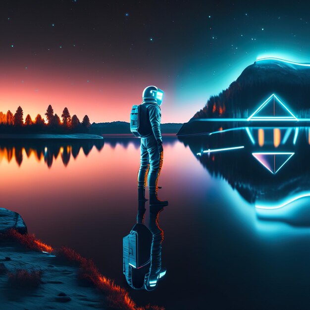 Photo astronaut at night on the lake with neon lights and mountains in the background generative ai