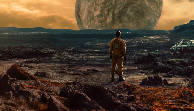 Photo astronaut observing a mysterious planet surface generative ai