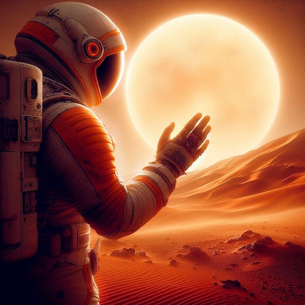 Photo astronaut observing the sun from mars at sunset 3d illustration