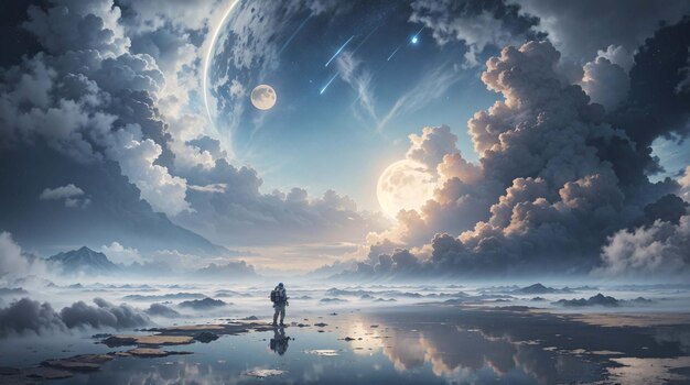 写真 雲の雰囲気の風景の背景を持つエイリアンの惑星の表面の宇宙飛行士