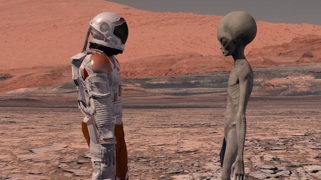 Astronaut ontmoet een Marsbewoner op Mars. Eerste contact. Vreemdeling op Mars. Het verkennen van de missie naar Mars. Kolonisatie en ruimteverkenningsconcept. 3D-rendering. Elementen van deze video geleverd door NASA.