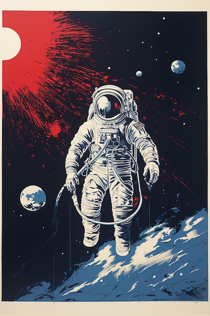 Astronaut op de planeet retro poster