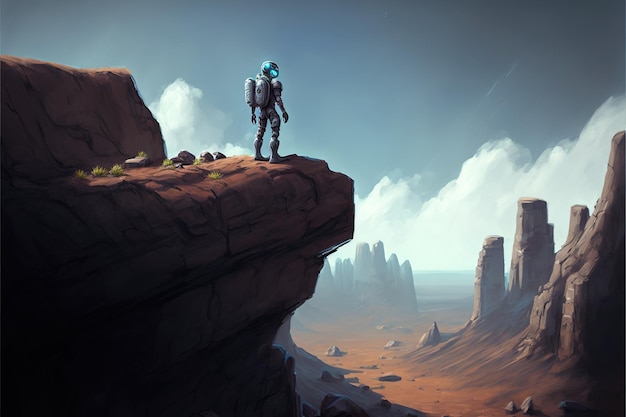 Astronaut op een klif Spaceman staat op een klif Digitale kunststijl illustratie schilderij