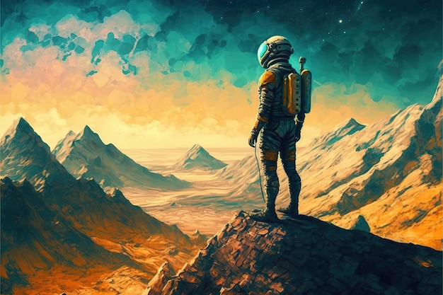 Astronaut op een klif Spaceman staat op een klif Digitale kunststijl illustratie schilderij