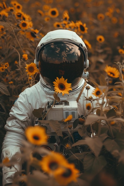 Astronaut op het veld met zonnebloemen