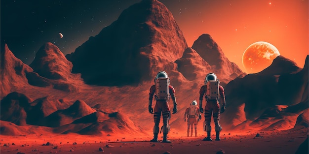 Astronaut op mars de rode planeet met buitenaardse UFO en moderne technologiemachines