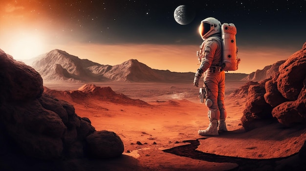 Astronaut op mars die de planeet bekijkt