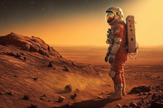 Astronaut op Mars omringd door het ruige terrein van de planeet en de uitgestrekte rode lucht Generatieve AI