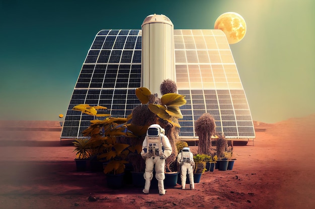 Astronaut op planeet Mars kolonisatie met zonnepanelen Generatieve Ai