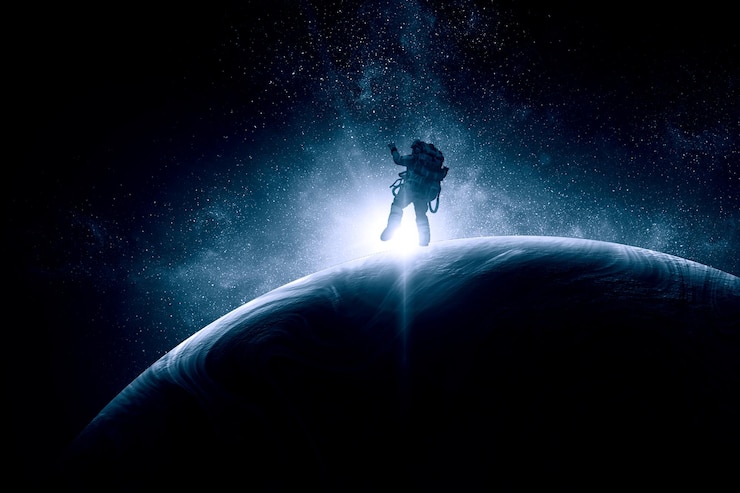 Foto astronaut op ruimtewandeling. gemengde media