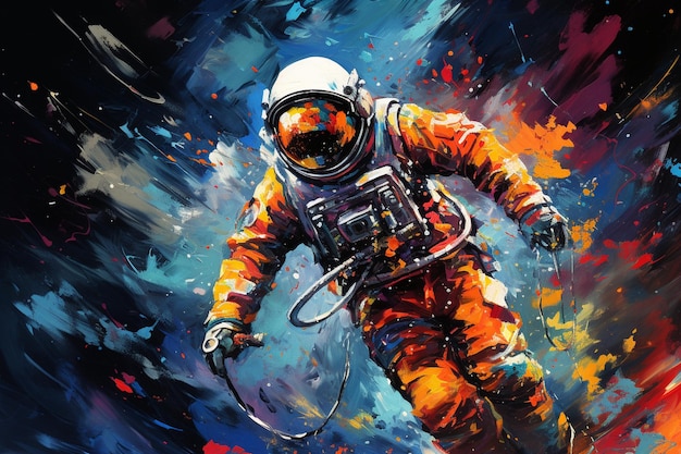 Astronaut in open colorful space mixed media