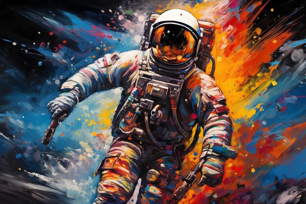 Astronaut in open colorful space mixed media