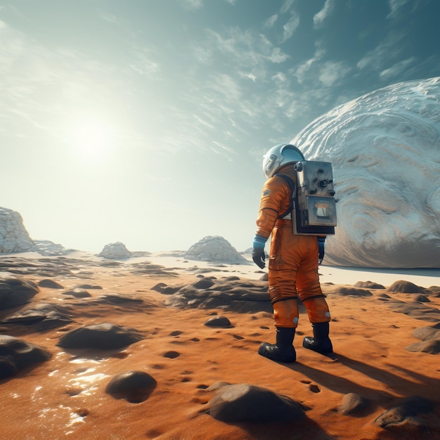 A astronaut in an orange suit on a rocky surface