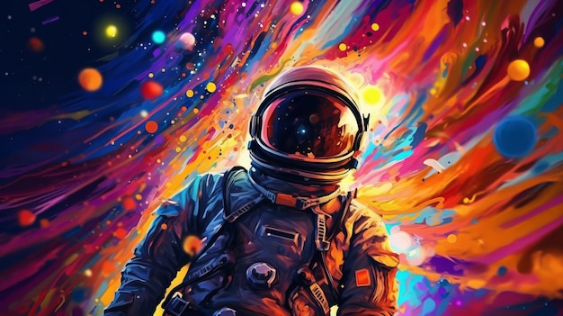 An astronaut in an orbit with colored stars