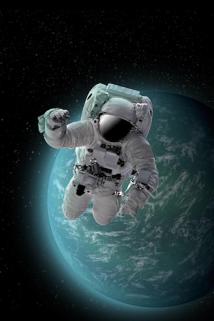 astronaut in outer open space over the planet .stars provide the background.erforming a space above planet earth.sunrise,sunset.our home. iss.elements of this image furnished by nasa.3d illustration