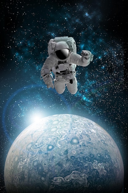 Astronaut in outer open space over the planet .stars provide the background.erforming a space above planet earth.sunrise,sunset.our home. iss.elements of this image furnished by nasa.3d illustration