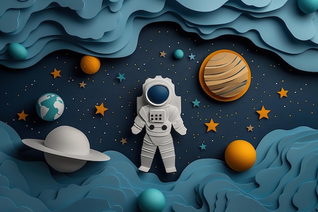 astronaut outer space celestial bodies stars made paper cutout style blue background