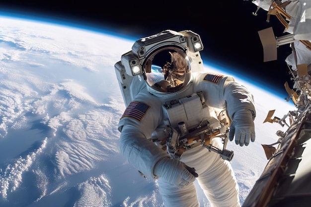 Astronaut in outer space above the earth during night time