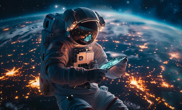 Астронавт в космосе с помощью смартфона на фоне планеты Земля