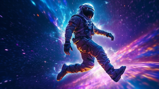 Astronaut in outer space with glowing blue and purple background generative ai