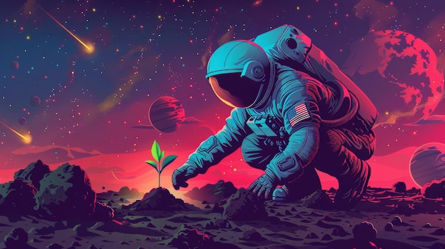 Astronaut in the outer space with a plant