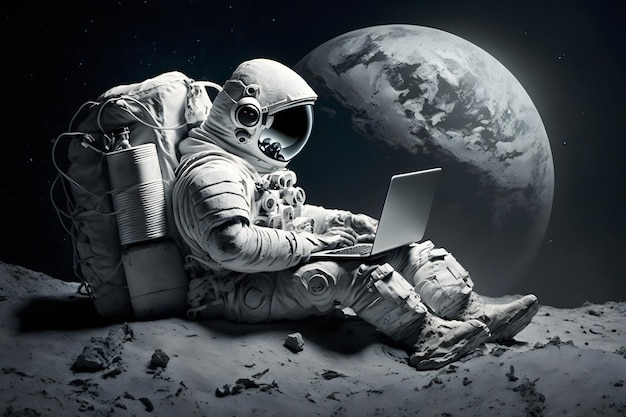 Photo astronaut in outer space working on a laptop neural network ai generated