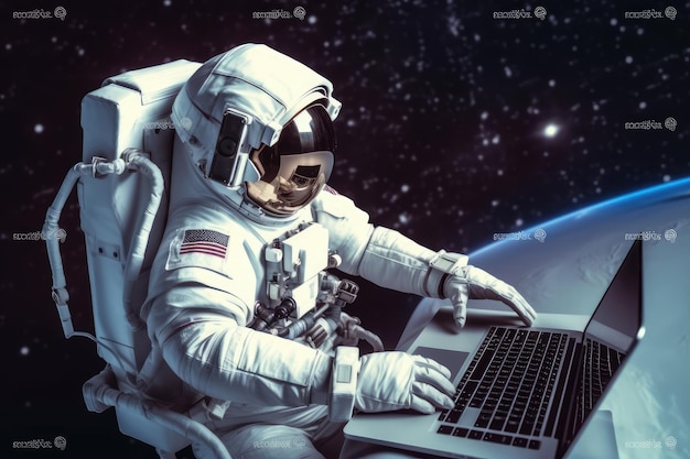 Astronaut in outer space working on a laptop Neural network AI generated