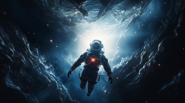 Astronaut passing through glowing energy in outer space of black hole Generative ai