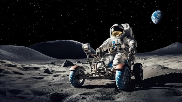 우주 비행사가 달 풍경에서 로버를 조종하여 우주 여행과 탐사에서 미래의 발전을 보여줍니다.