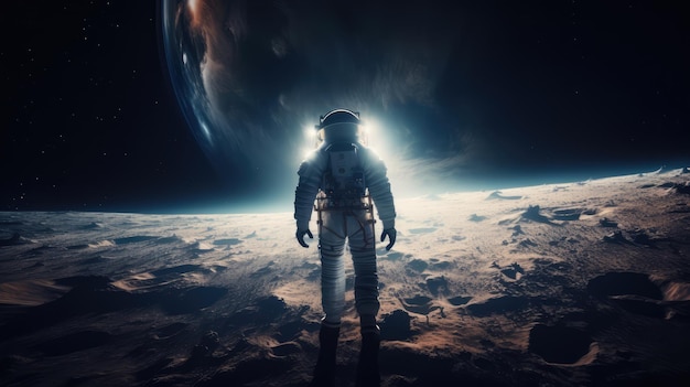 月を背景に地球上の宇宙飛行士